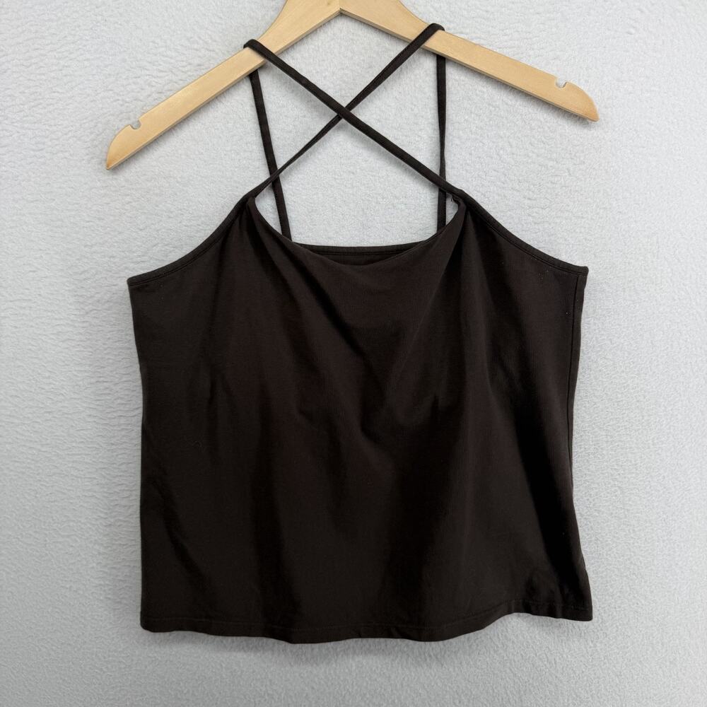 EILEEN FISHER Tank Top L Cotton Stretch Jersey Cross Back Shelf Bra Brown USA